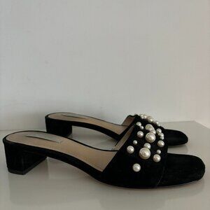 Black Suede Mule Heels with Pearls